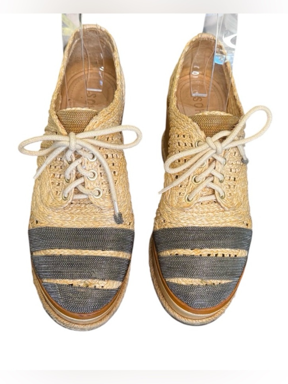 SCHUTZ size 6.5 RARE raffia metal platform lace up espadrilles Oxford shoes - Picture 2 of 11
